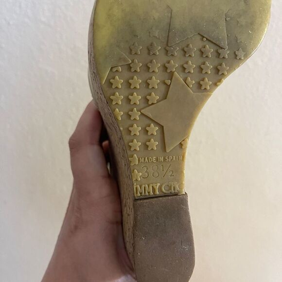 JIMMY CHOO Beige Patent Leather Pela Cork Wedge T Strap Sandals Size 38.5 - Picture 6 of 12